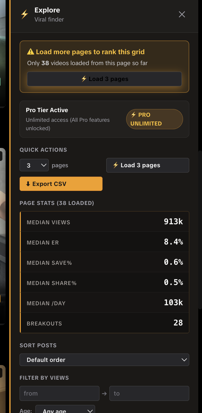 Sidebar: page stats, autoscroll, CSV, sort, and views filter